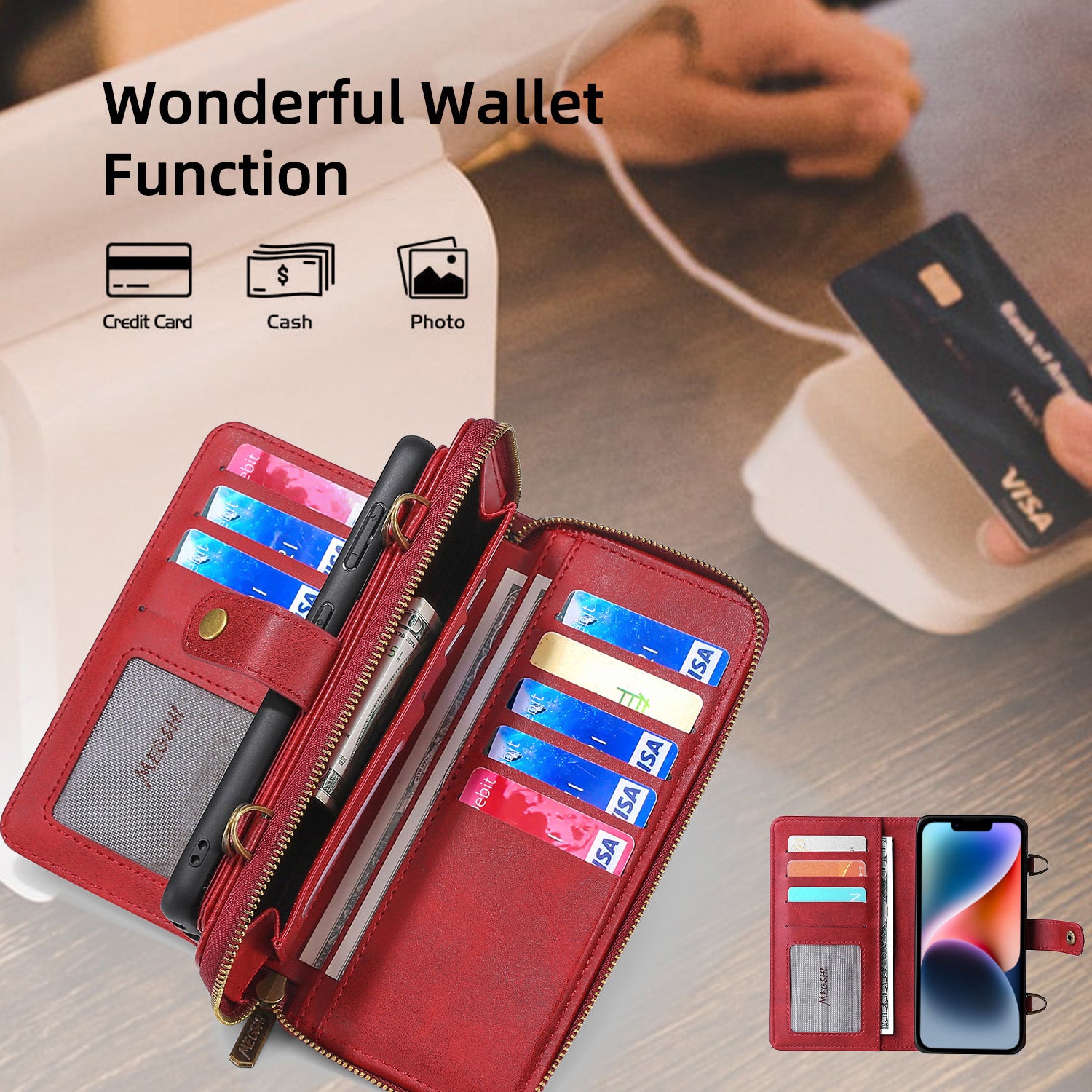 MEGSHI 020 Series til iPhone 14 Plus Anti-ridse PU læder Stand Cover Aftageligt 2-i-1 pung etui MEGSHI 020 Series til iPhone 14 Plus Anti-ridse PU læder Stand Cover Aftageligt 2-i-1 pung etui